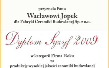 Dyplom Syzyfa 2009 dla Fabryki Ceramiki Budowlanej JOPEK
